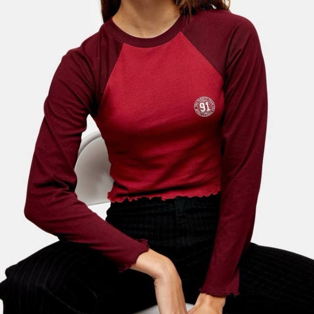Topshop Red Varsity Raglan Long Sleeve Crop Top NWT - Picture 12 of 12